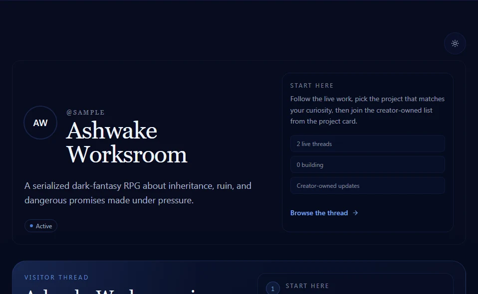 Ashwake Worksroom’s sample hub, with its creator introduction and a guide to its projects.