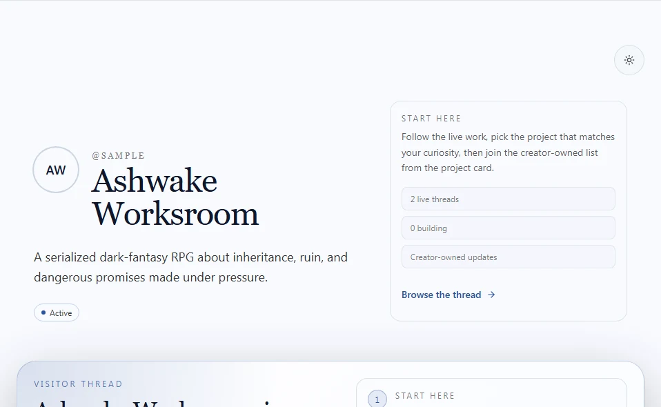 Ashwake Worksroom’s sample hub, with its creator introduction and a guide to its projects.